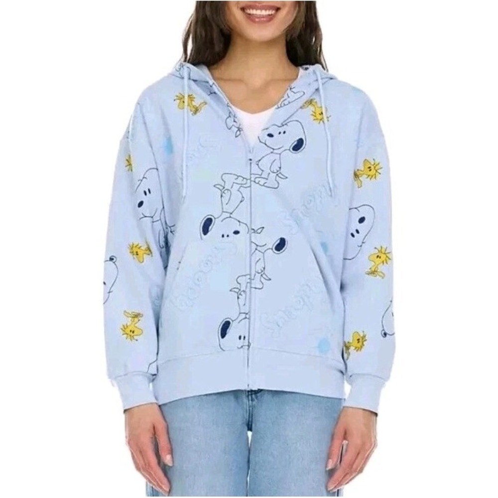 NWT Women's Medium Peanuts Snoopy Woodstock Blue Embroidered Hoodie Sweatshirt